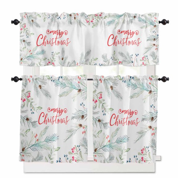 Merry Christmas Kitchen Curtains and Valances Set, Pine Needle Texture Rod Pocket Window Valance 18 Inch Window Curtain Panels for Living Room Bedroom Laundry, 27.5x36in, 3 Pieces