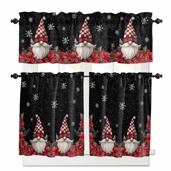 Christmas Poinsettia Kitchen Curtains and Valances Set, Red Gnomes Snowflake Black Background Rod Pocket Window Valance Window Curtain Panels for Living Room Bedroom Laundry, 27.5x36in, 3 Pieces
