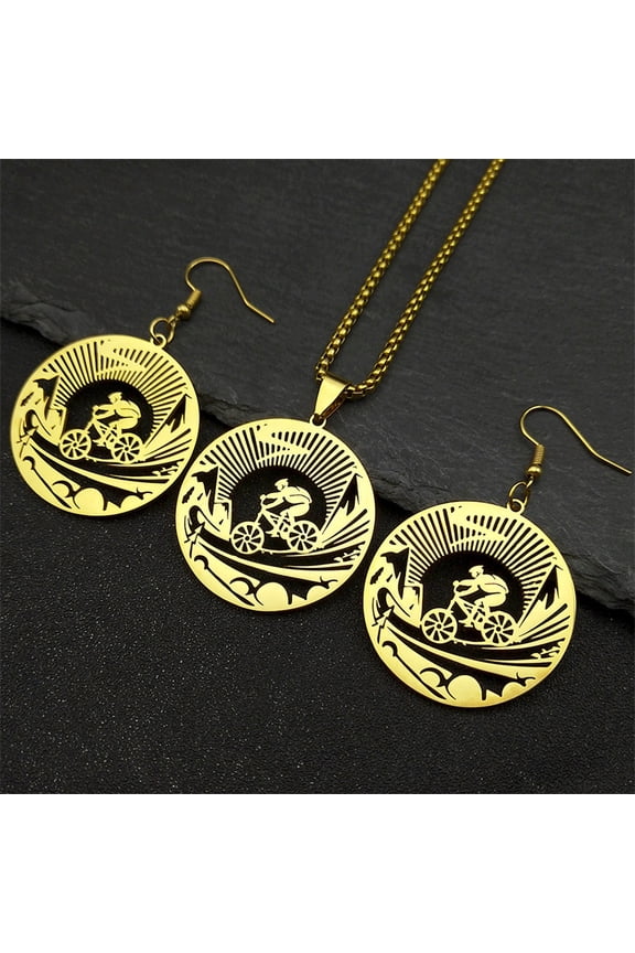 Fashion Bicycle Sports Bikers Hollow Necklace Earrings Set For Women Men 14K Yellow Gold Mountain Bike Jewelry Gift