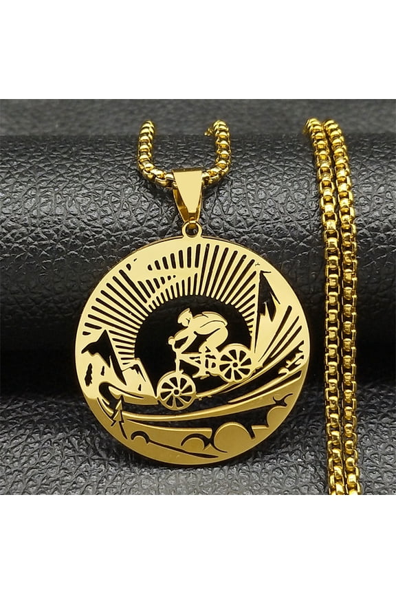 Fashion Bicycle Sports Bikers Hollow Pendant Necklace For Women Men 14K Yellow Gold Mountain Bike Chain Jewelry