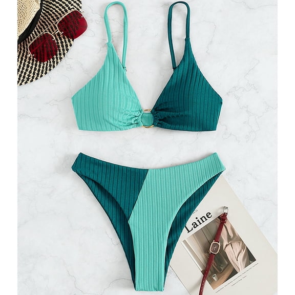 Fashion Bikini Swimsuit Women Color Block Triangle Swimwear 2pieces Patchwork Bathing Suit Swimwear Coffee Blue Green