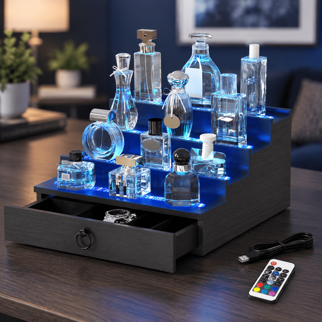Fashion Black-4 Tier Led Lighted Wood Perfume Cologne Organizer ...