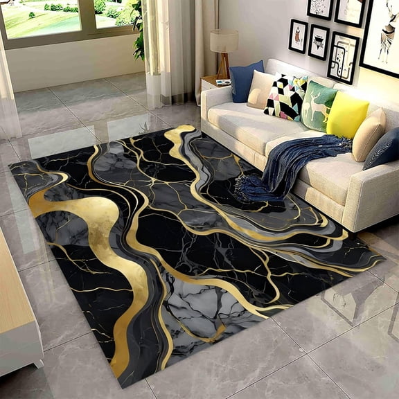 Fashion Black Gold Modern Abstract Design Marble Carpet, Grey Textured Print Pattern Non-Shedding Easy Care, For High Traffic Areas In Living Room 3x5ft