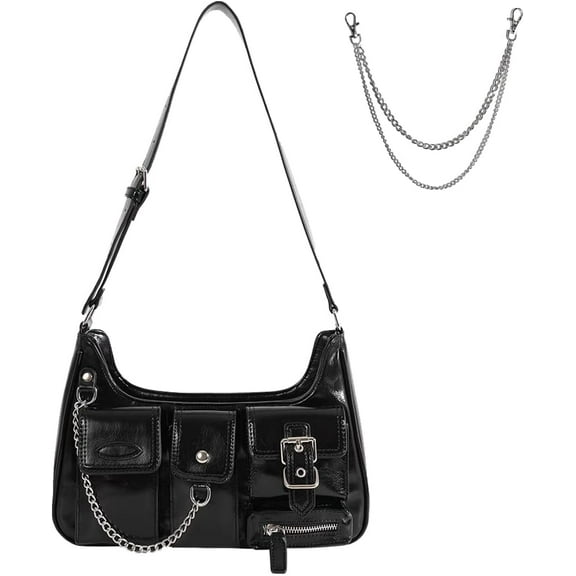 Fashion Black Goth Purse for Women Multi-Pockets Biker Y2k Punk Shoulder Bag Extra Waist Chain with Clip