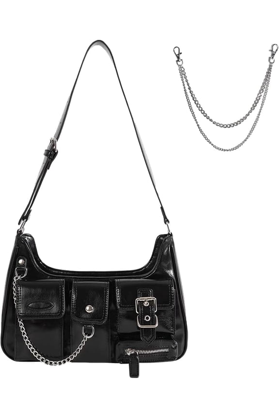 Fashion Black Goth Purse for Women Multi-Pockets Biker Y2k Punk Shoulder Bag Extra Waist Chain with Clip