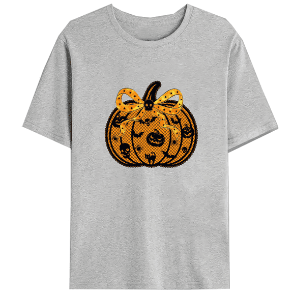 Fashion Black Lace Pumpkin & Bow Graphic Tees Coquette Halloween Tops Fall Short Sleeve Casual Print T-shirts Cotton Shirts Thanksgiving Gift Gray,XL