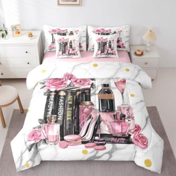 Fashion Black Pink Comforter Set with Sheets Full Size Flower Perfume Girls Women Modern Bed in a Bag High Heels Books Champagne Romantic Makeup Paris 7 Piece Bedding Set