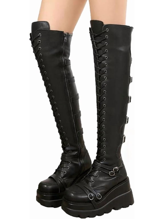 Fashion Black Platform Boots for Women Over The Knee Thigh High Goth Boots Chunky Heel Motorcycle Boots with Buckles Side Zip