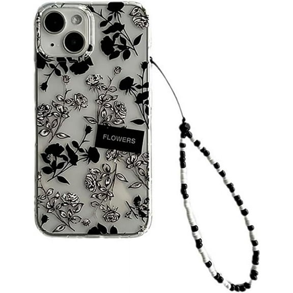 Fashion Black Roses White Roses Flower Lanyard Chain Soft Phone Case Compatible with iPhone Case (Clear,iPhone 15)