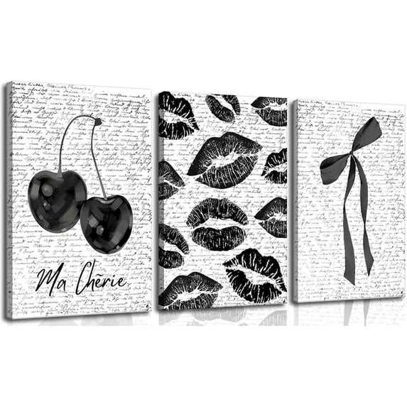 Fashion Black White Lips And Cherry Canvas Wall Art Vintage Girl Funky Aesthetic Bow Wall Decor Ma Cherie Dark Coquette Posters Prints for Neutral Preppy Apartment Girl Room Unframed