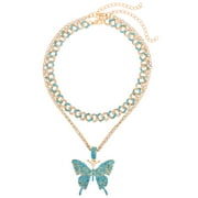 YANHAN Fashion Bling Rhinestone Big Butterfly Pendant Necklace for Women Pink Blue Crystal Cuban Chain Necklace Rapper Rock Jewelry CYH Gift