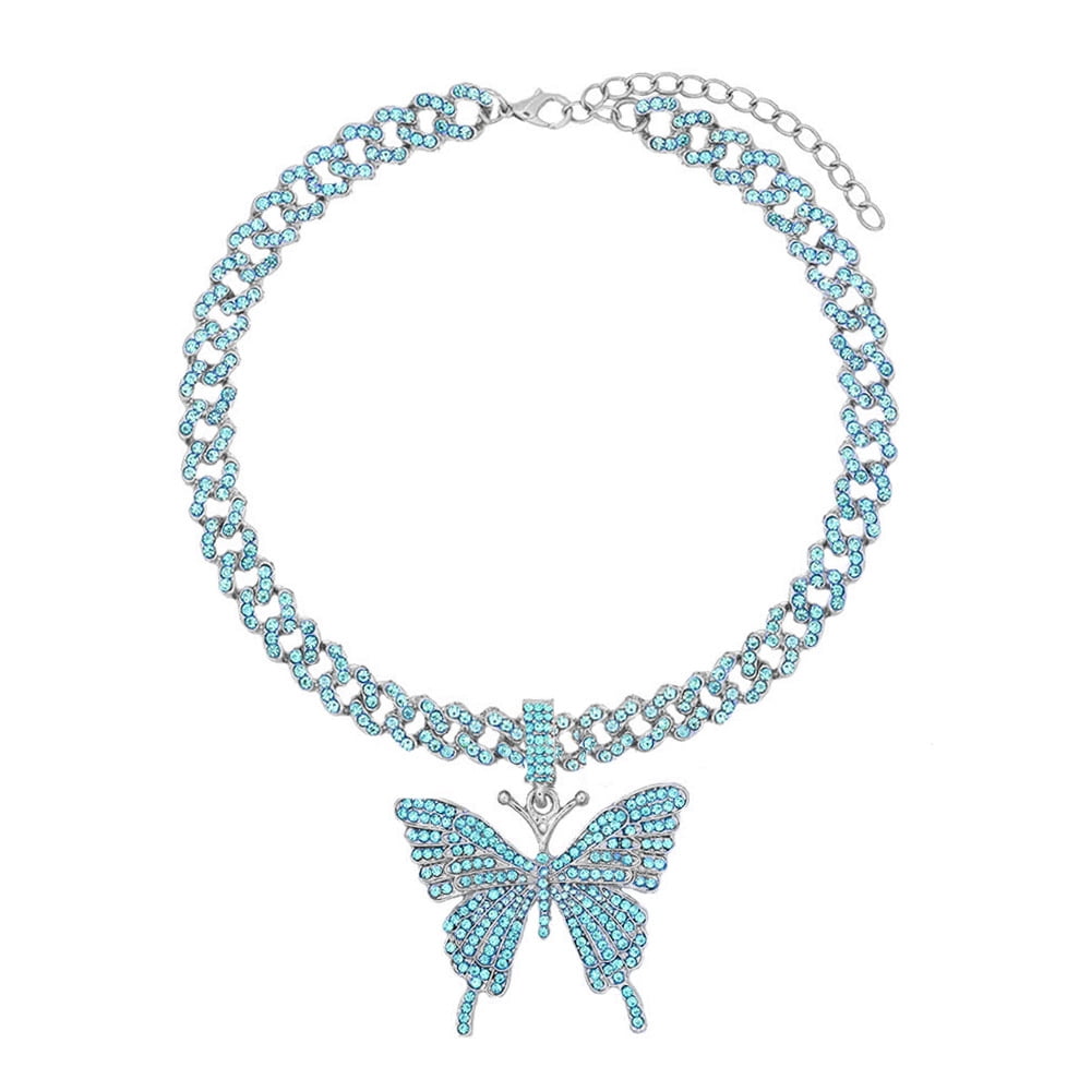 Fashion Bling Rhinestone Big Butterfly Pendant Necklace for Women Pink Blue Crystal Cuban Chain Necklace Rapper Rock Jewelry Gift QY