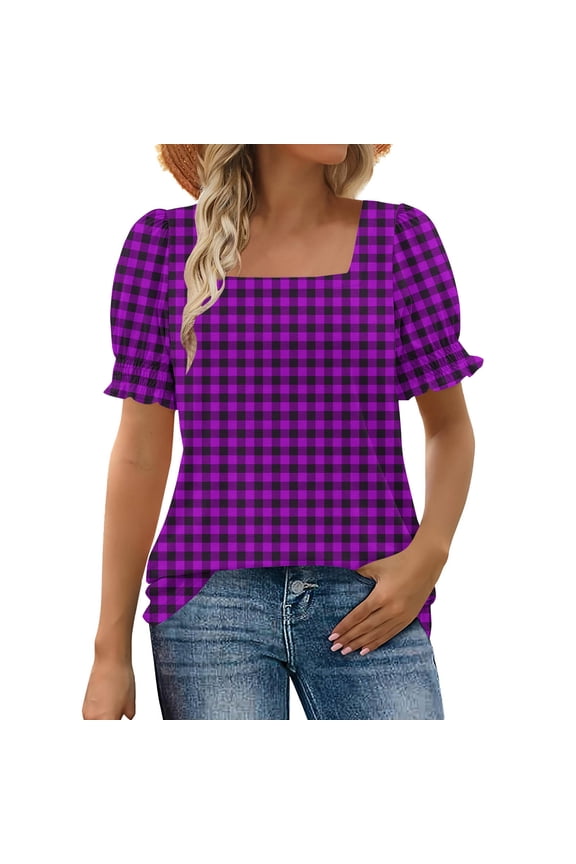 Fashion Blouse for Women Square Neck Puff Short Sleeve Smocked Cuffs Gingham Plaid Pattern Relaxed Fit Casual Summer Tunic Top for Daily Wear