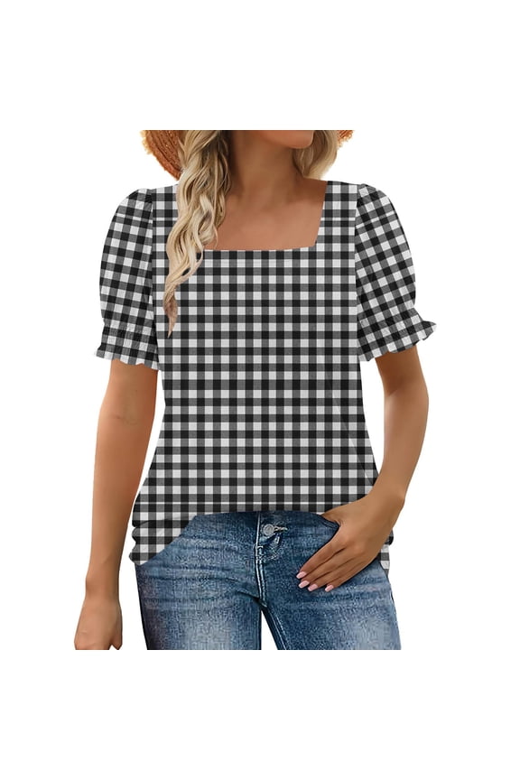 Fashion Blouse for Women Square Neck Puff Short Sleeve Smocked Cuffs Gingham Plaid Pattern Relaxed Fit Casual Summer Tunic Top for Daily Wear