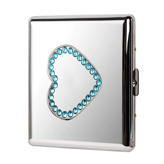 Fashion Blue Heart Decal Metal Cigarette Case 84 mm 3.34 inch Extra Large 20pcs Capacity,RFID Blocking Credit Card Wallet (Silver)