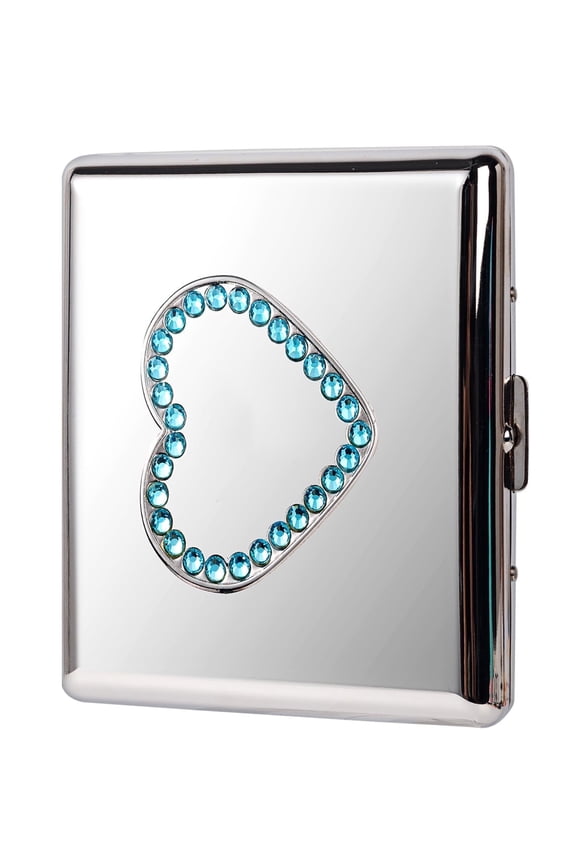 Fashion Blue Heart Decal Metal Cigarette Case 84 mm 3.34 inch Extra Large 20pcs Capacity,RFID Blocking Credit Card Wallet (Silver)