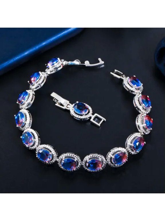 Fashion Blue Rainbow CZ Crystal Round Oval Shape Charm Bracelet for Women Brides
