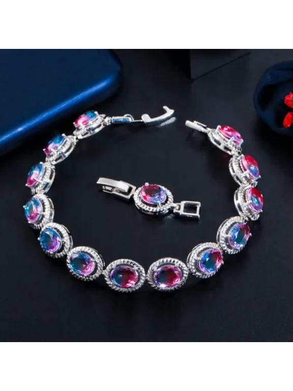 Fashion Blue Rainbow CZ Crystal Round Oval Shape Charm Bracelet for Women Brides