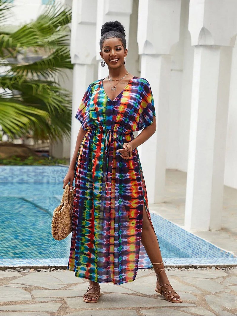 beach tie dye dress Tie dye V Neck Maxi Dress Teal - Casual Loose fit Resort Dress - Bohemian Beach  Maxi Dress Tie Dye