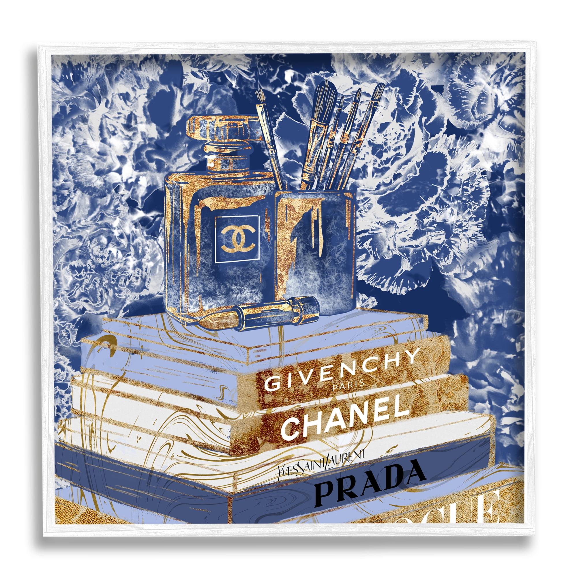 Blue and Gold Fashion Book Pile Canvas Print with White Frame