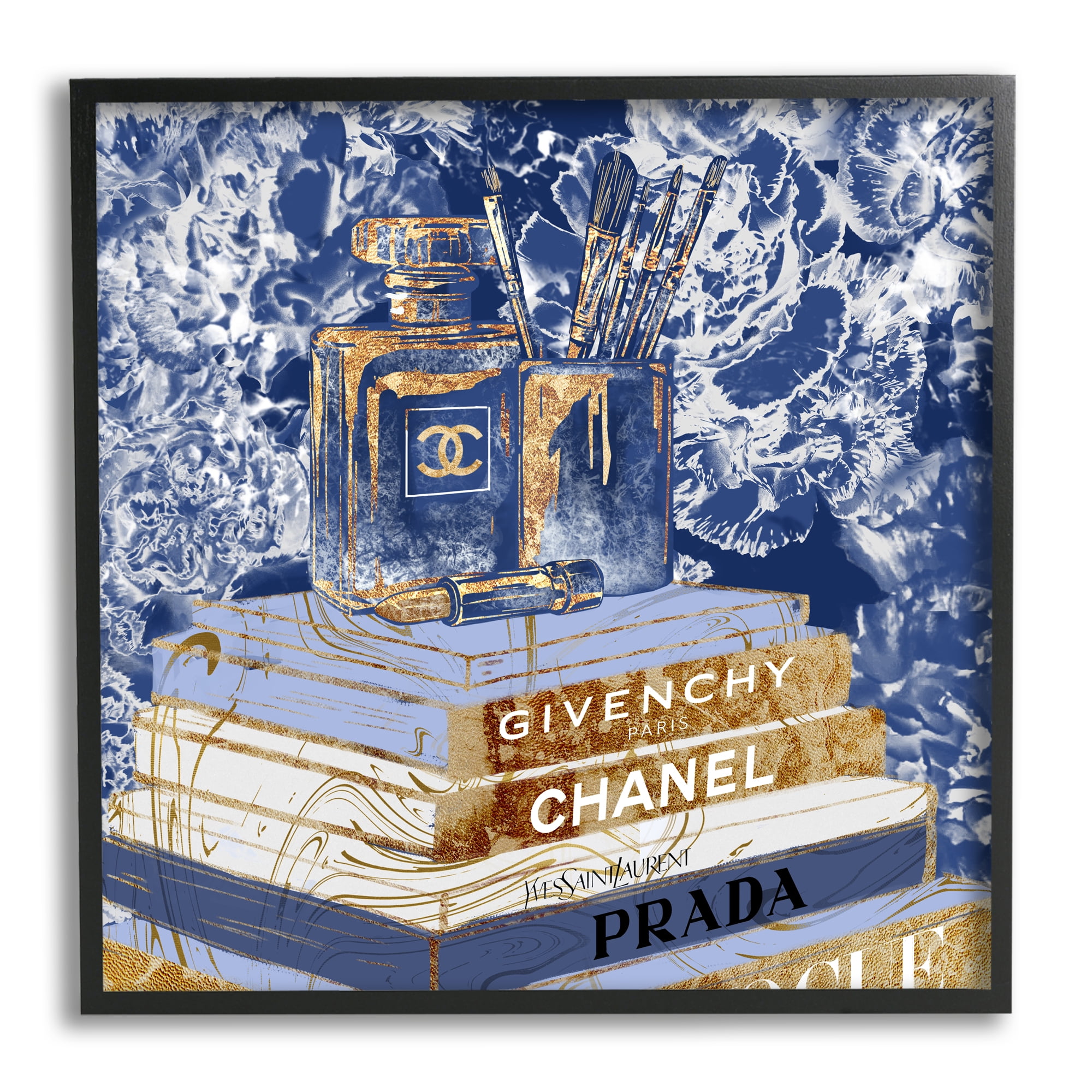 Fashion Book Pile Glam Designer Accessories Blue Gold Beauty & Fashion Framed Art Print Wall Art, 17x17