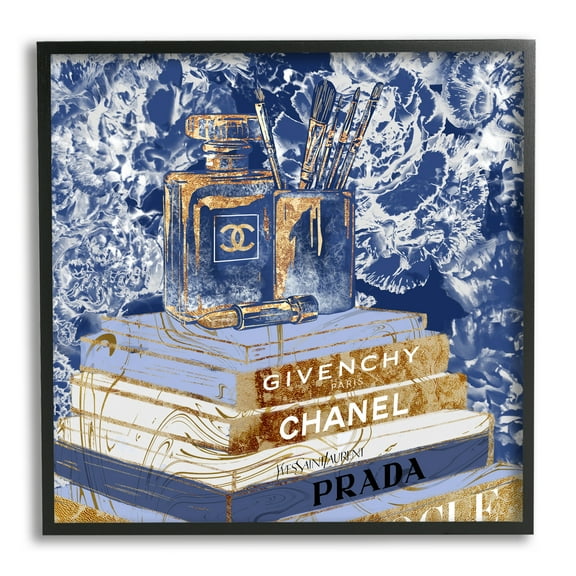Fashion Book Pile Glam Designer Accessories Blue Gold Beauty & Fashion Framed Art Print Wall Art, 17x17