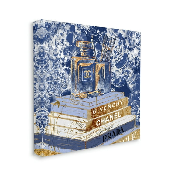 Fashion Book Pile Glam Designer Accessories Blue Gold Beauty & Fashion Gallery-Wrapped Canvas Print Wall Art, 17x17