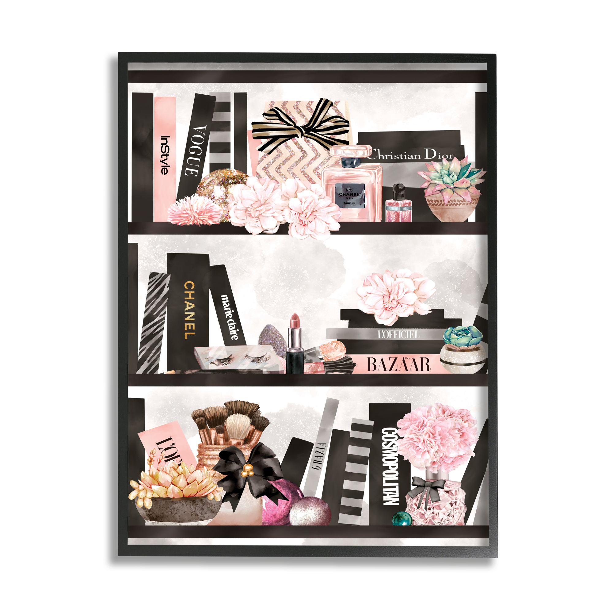 Fashion Bookshelf Glam Cosmetic Accesso and Books 11 in x 14 in Framed Painting Art Print, by Stupell Home Décor