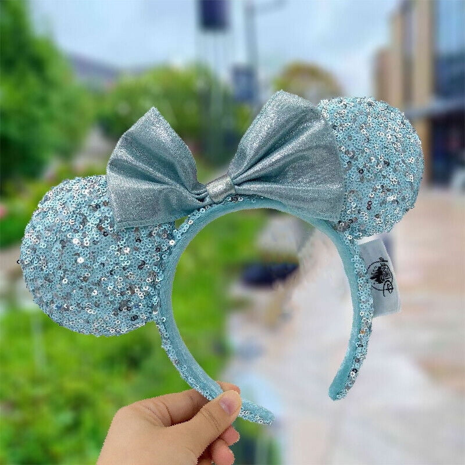 Sparkling Light Blue Sequin Ears Headband with Bow Light Blue Iridescent Mickey Visor - Mouse Ears Headband  main image 4