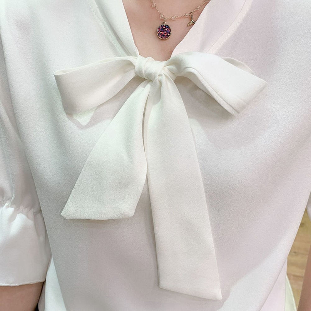 Fashion Bow Collar Apricot Chiffon Blouse Shirt Women Tops Blusas Mujer De Moda Verano Short Sleeve Blouse Women Blusa White S