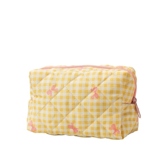 Fashion Bow Plaid Makeup Bag Large Capacity Portable Cosmetic Storage Organizer Pouch Cute Cotton Makeup Wash Bag