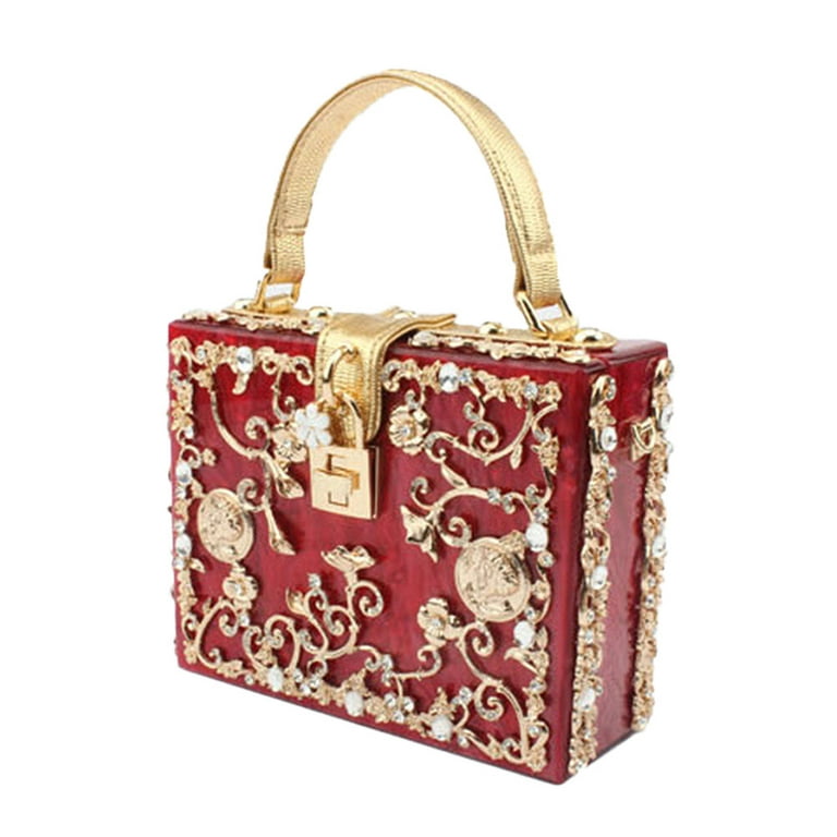 Fashion Box Evening Bag Diamond Flower Clutch Bag Hollow Relief Acrylic  Luxury Handbag Banquet Party Purse Women's Shoulder Bag(Wine Red)