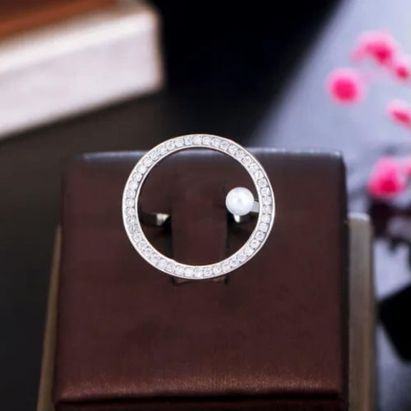 Fashion Brand Adjustable CZ Big Circle Round Pearl Wedding Ring for Women Party