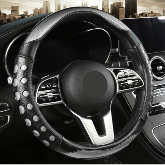 Fashion Breathable Non-slip Sporty Leather Steering Wheel Cover, Universal 15 Inch Leather Steering Wheel Cover