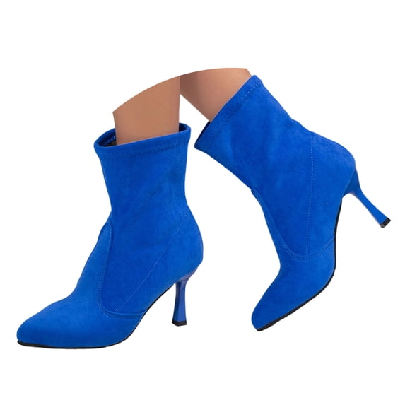 Fashion Breathable Pointed Toe High Heel Mid Calf Boots With Side Zipper Comfortable Daily Walking Shoes for Women Autumn Winter Suede Pull On