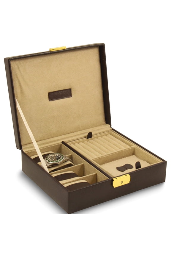 Fashion Brown Leather Velour Lined Locking 4-Watch And Valet Case (9.5 X 8) Made In China gm13145