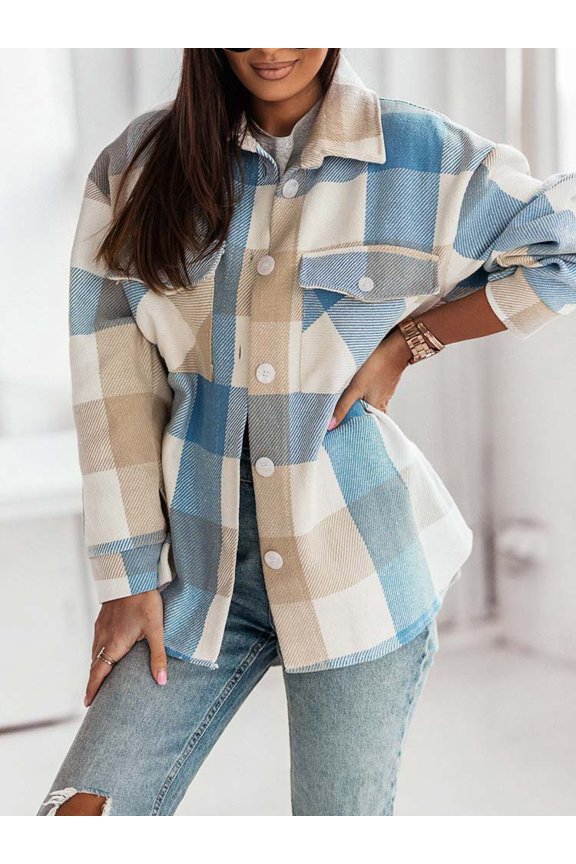 Fashion Brushed Plaid Shirts Shacket (S, LightBlue)