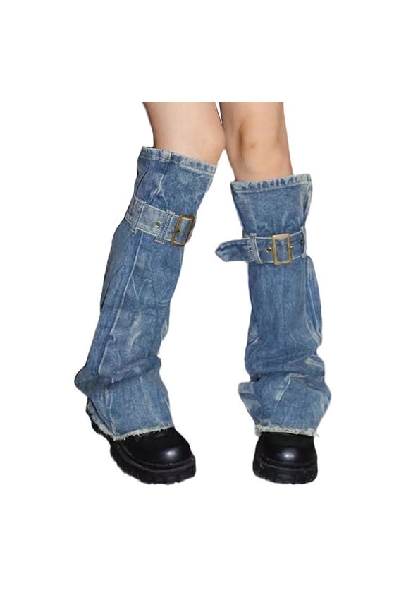 Distressed Washed Denims Leg Warmers for Women Punk Buckled Strap Jeans Blue Boot Cover Long Socks Streetwear
