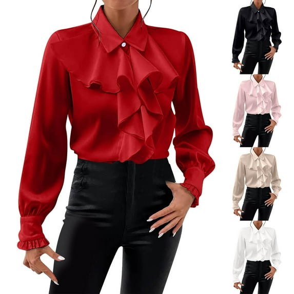 Fashion Business Casual Tops For Women Solid Color Ruffled Layered Long Sleeve Round Neck Red Outfits Cute Trendy Clothes 2025 S-XL