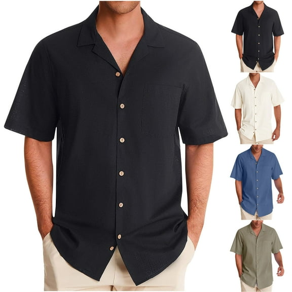 Fashion Business Shirts for Mens Plus Size British Short Sleeved Cardigan Turn-down Collar Loose Solid Color Shirt Jacket Save to 65% off!