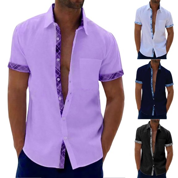 Fashion Business Shirts for Mens Plus Size Casual Short Sleeve Cuff Collar Contrasting Colors Shirt Turndown Collar Blouse T-shirt Save to 65% off!