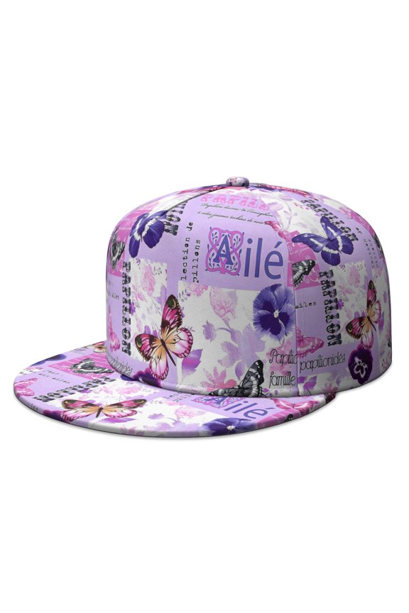 Fashion Butterflies Adjustable Snapback Hat - Flat Brim Full Panel Cap with Tropical Floral Design