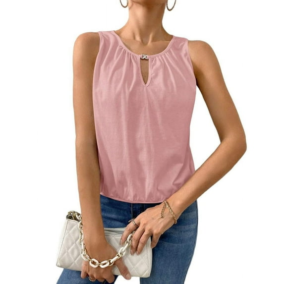 Fashion Buttoned Round Neck Solid Color Vest Pink L