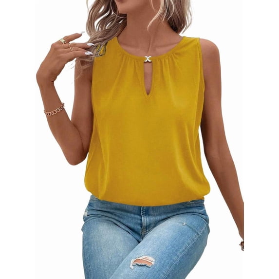Fashion Buttoned Round Neck Solid Color Vest Yellow XL