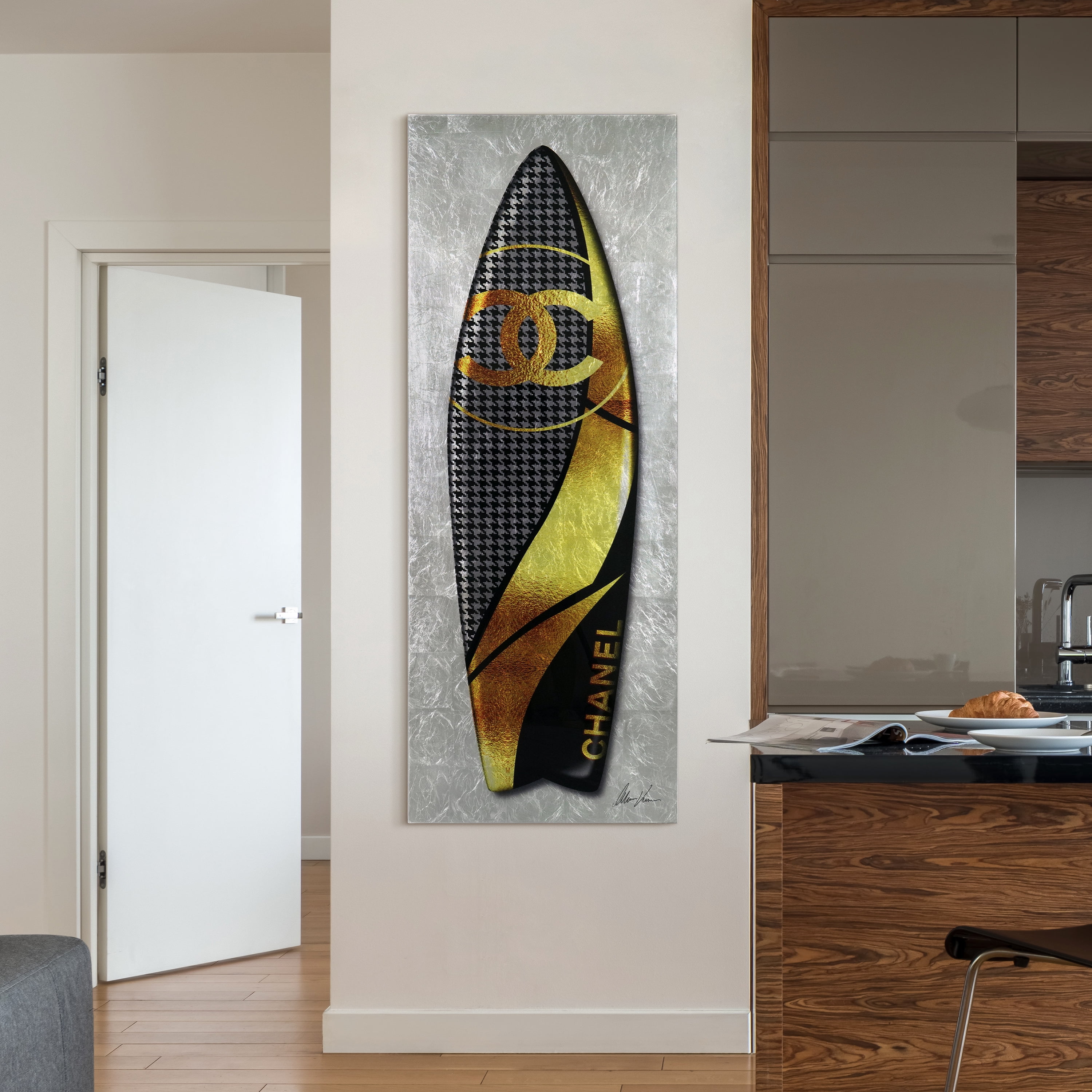 Fashion C Black Golden Surfboard Reverse Printed Tempered Glass
