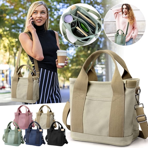 Fashion Canvas Tote Bag, Multi-Pocket Handbag with Handle & Detachable Shoulder Strap, Portable Organizer Bag for Shopping, Work, Travel & Daily Use, Practical Storage Handbag