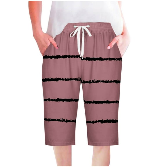 Fashion Capris Pants for Women Casual Print Tie Elastic Waist Capri Shorts with Pocket Straight Leg Summer Outdoor Bottoms, Coffee, S