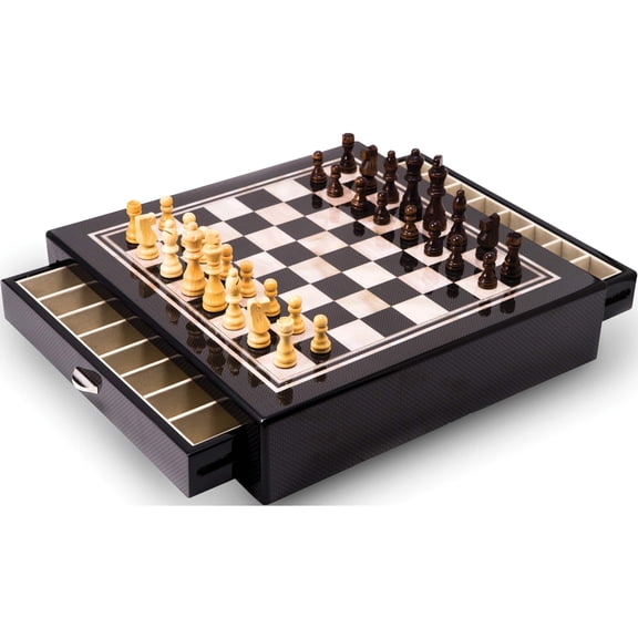 Fashion Carbon Fiber & Mother Of Pearl Design Chess Set With Accessory Drawers (15 X 13.25) Made In China gm13393