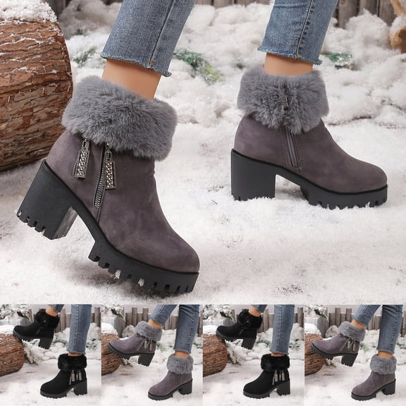 Fashion Casual Ankle Boots Thick Heel Velvet Warm Cozy Fall Winter Footwear Trendy Chunky Sole Comfortable Outdoor Use