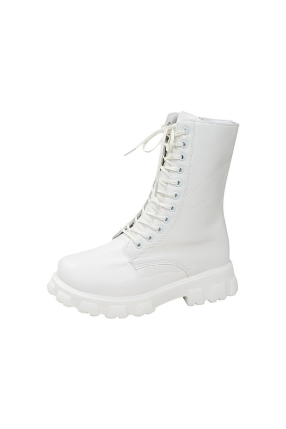 Fashion Casual Ankle Boots Women's Thick Bottom Lace-Up Short Boots Solid Color Low Heel British Style I for Everyday Wear White,43